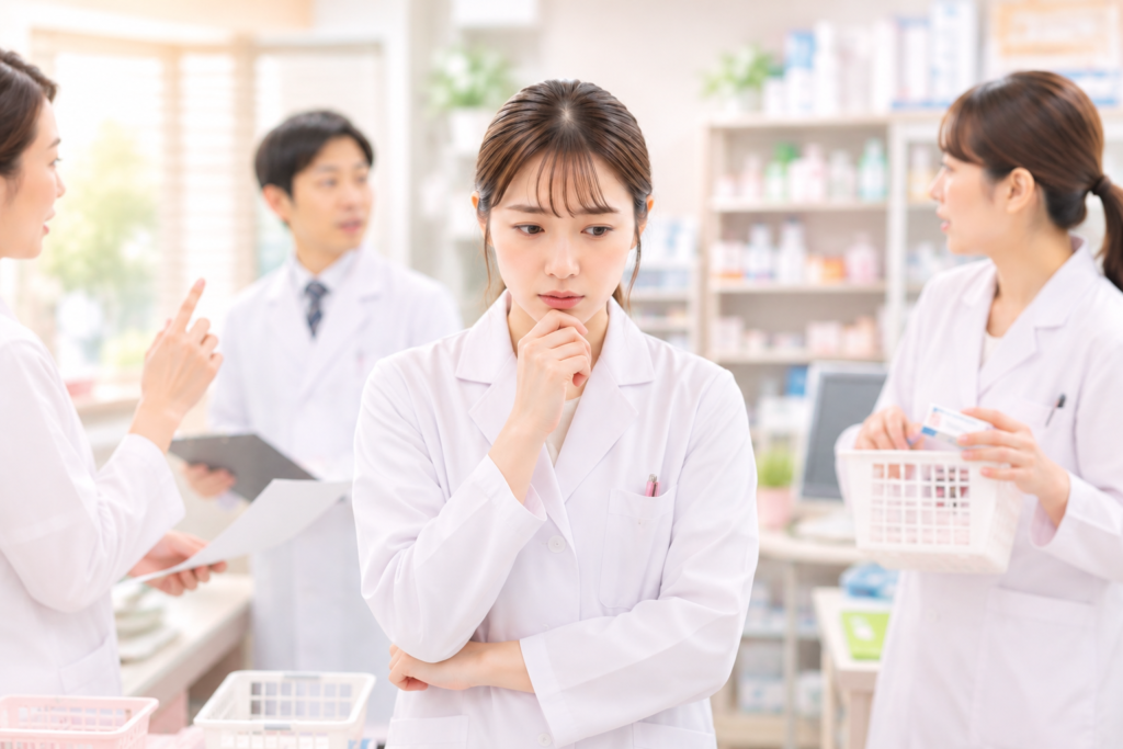 若い薬剤師が人間関係で悩んでいる画像